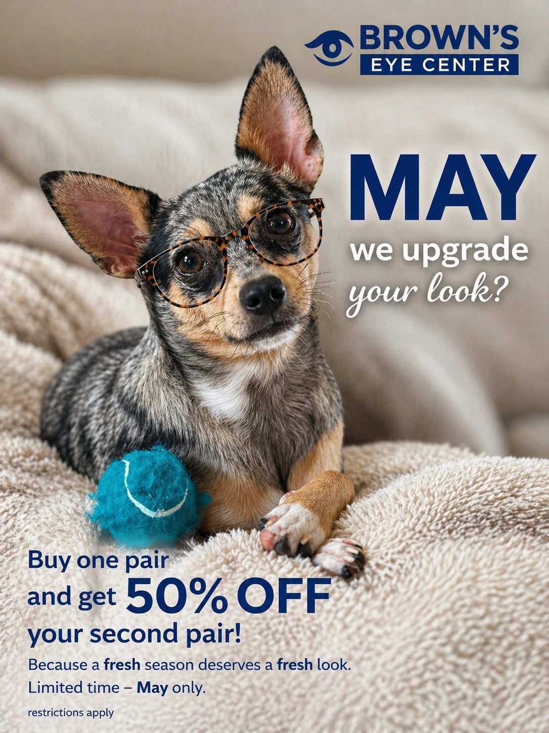 Cute dog wearing glasses at Brown’s Eye Center 1012 SR 96 E Warner Robins GA 31088