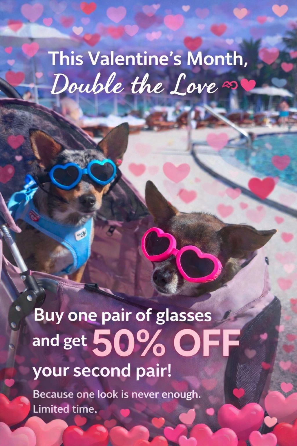 Two dogs wearing heart-shaped sunglasses with a Valentine's Day glasses sale offer.