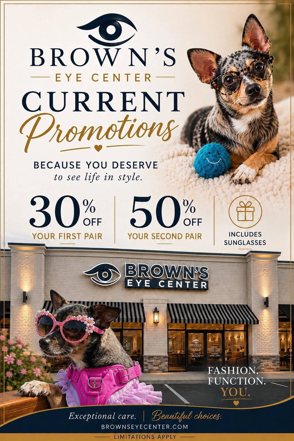 Dog models promoting Brown’s Eye Center at 1012 GA Highway 96 E in Warner Robins Georgia