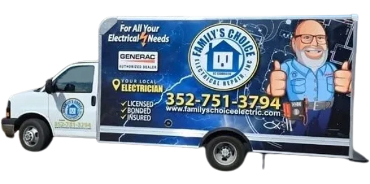 Family's Choice Electrical Repair service van with contact info and cartoon electrician.