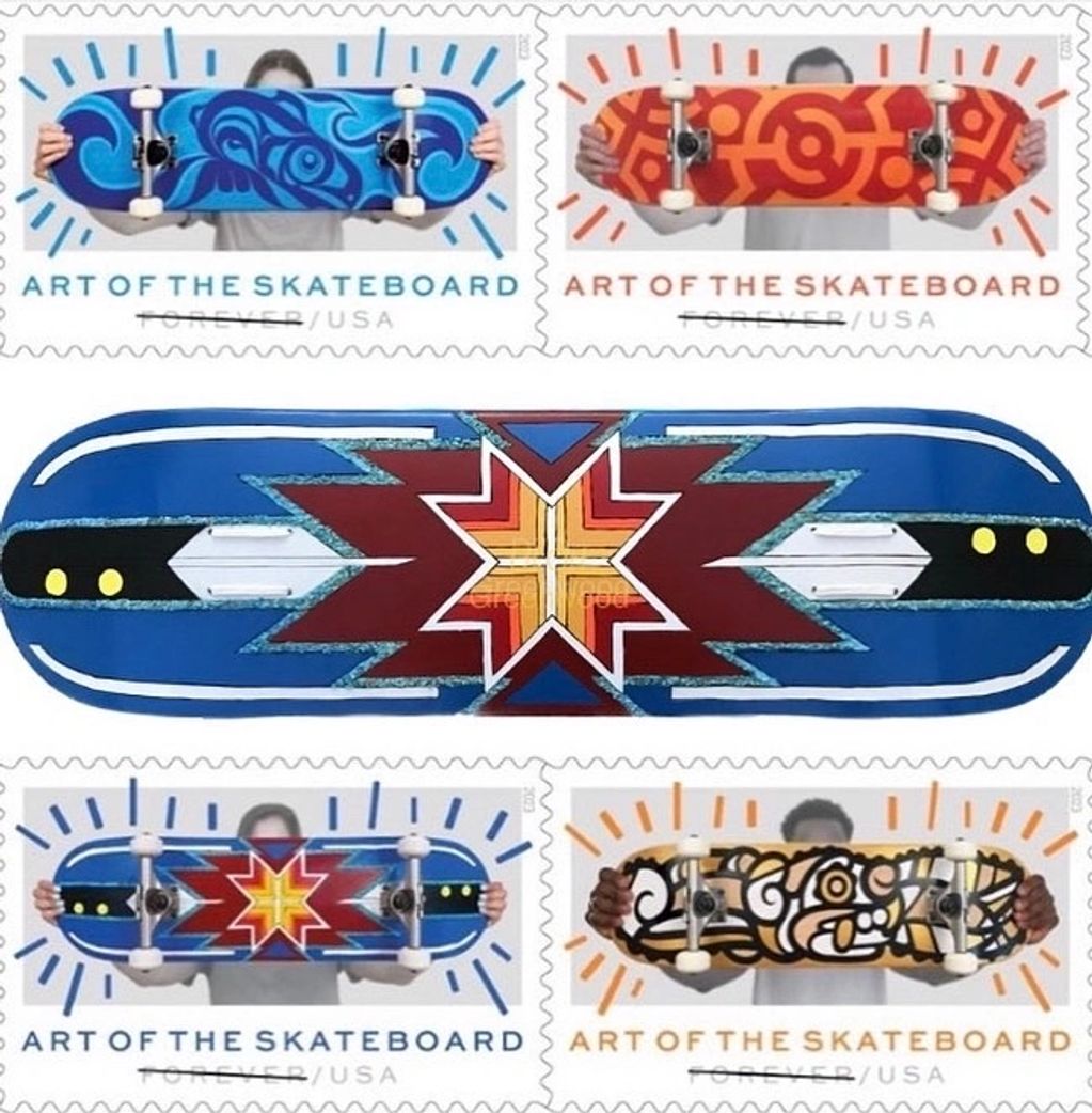 USPS “ART OF THE SKATEBOARD” STAMP DESIGN. Greenwood’s inlaid Turquoise technique is found here.