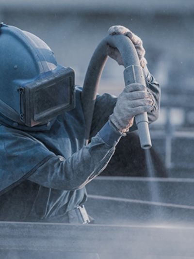 Person in protective gear using a sandblaster.