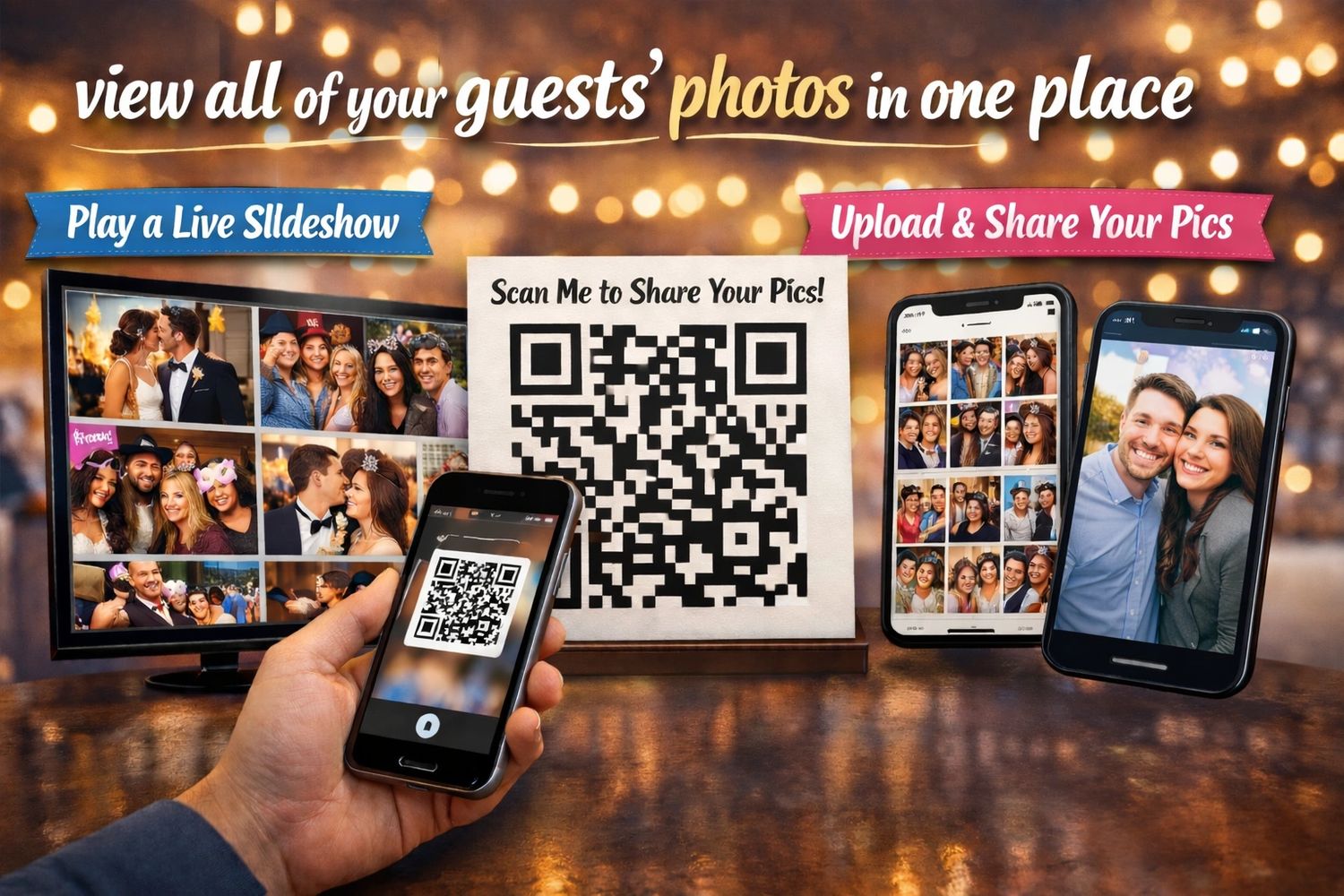 A QR code system lets guests upload and share event photos in one place.