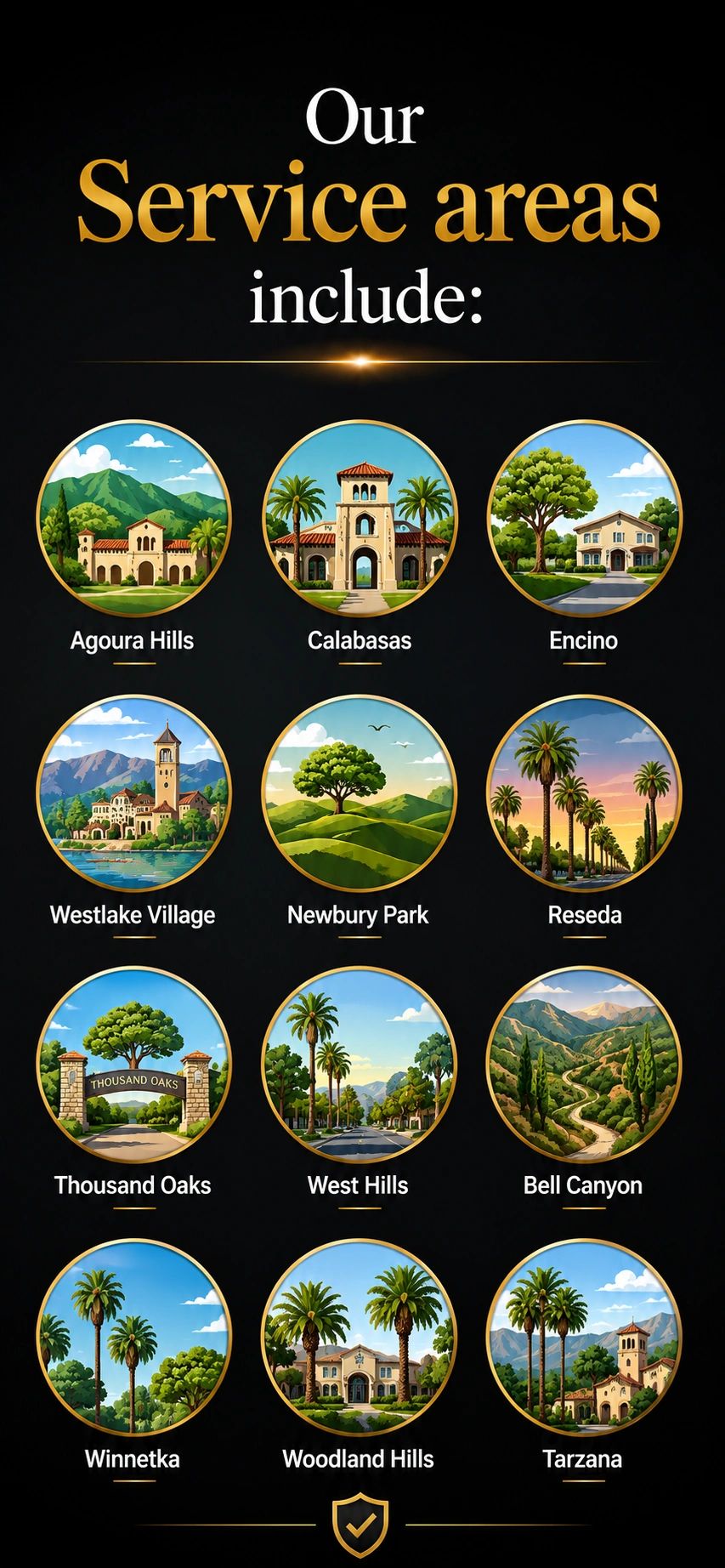 Illustrated service areas including Agoura Hills, Calabasas, and Woodland Hills.