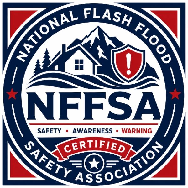 Logo of the National Flash Flood Safety Association with safety and warning symbols.