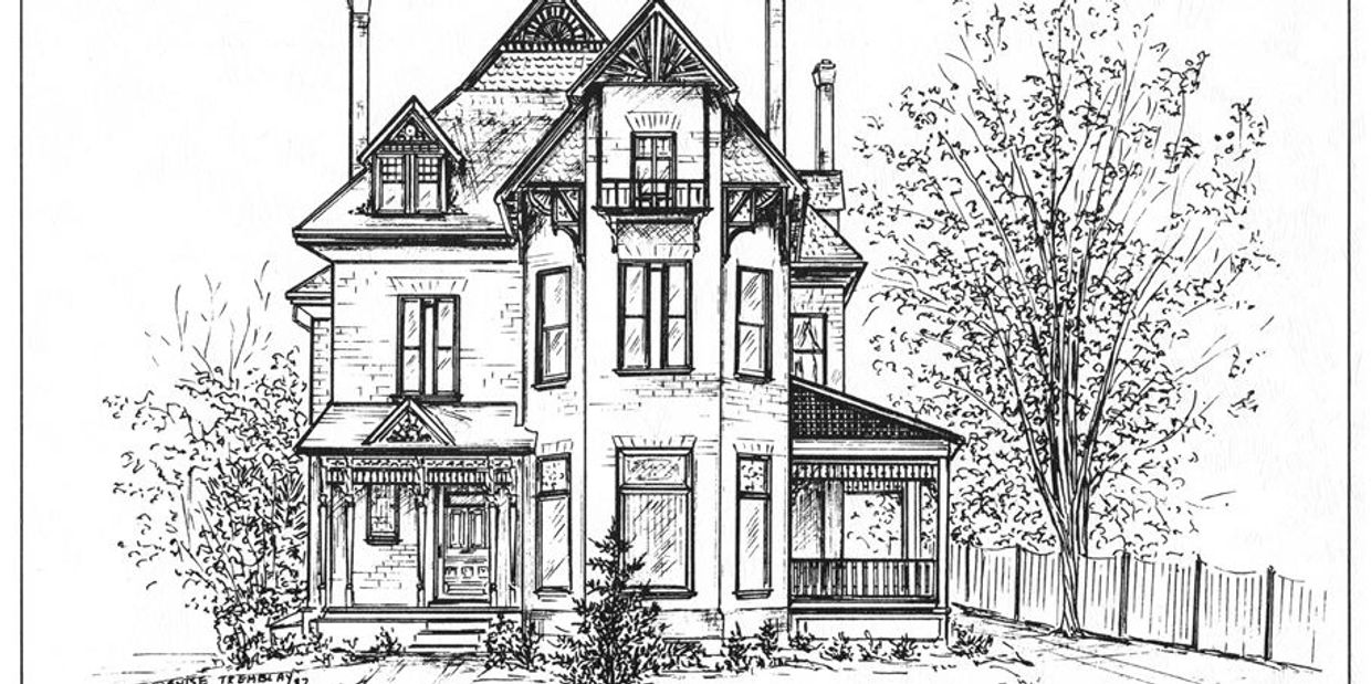 Black and white detailed sketch of a Victorian-style house with a porch and large tree.