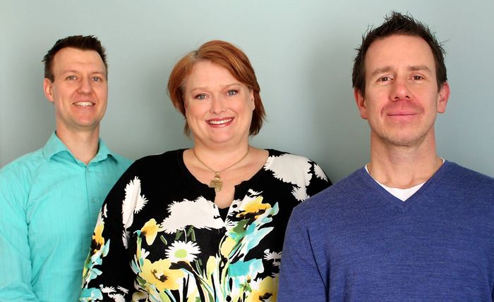 Sherri Moore (owner/PT) with Paul Jager (right) and Joe Forris (left), two of our  physiotherapists.