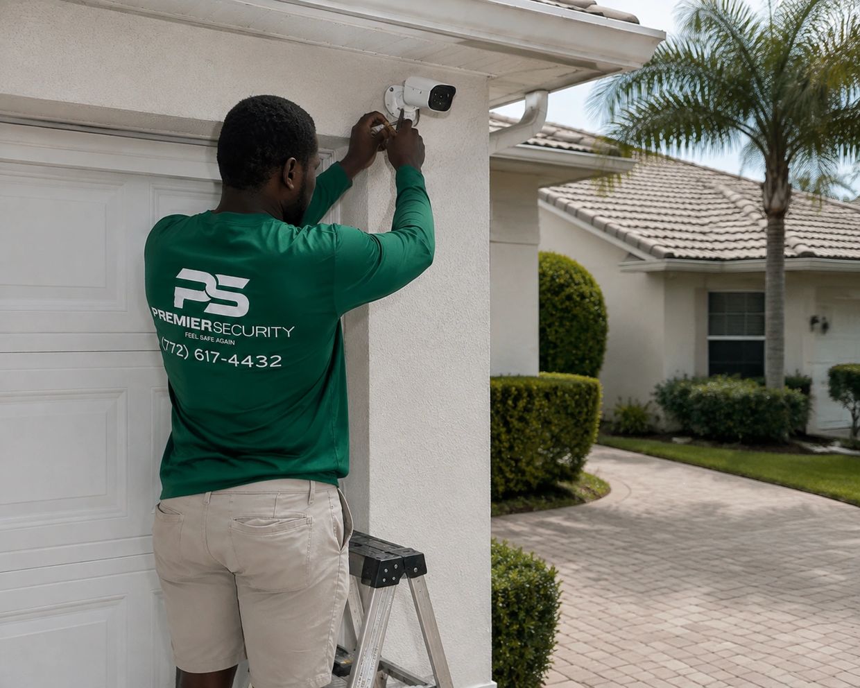 Premier Security technician installing a security system in Fort Pierce Florida