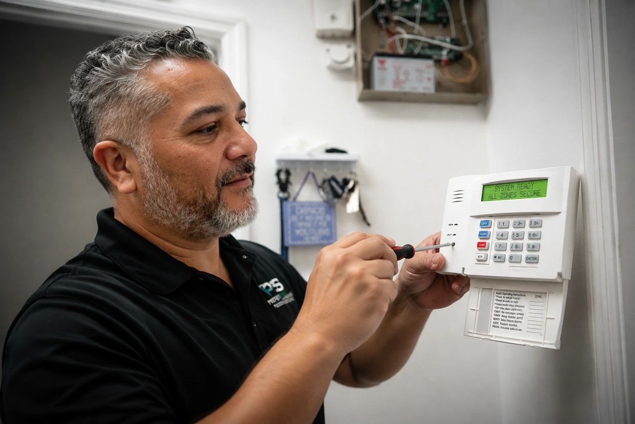 Premier Security technician performing alarm system repair and troubleshooting a Honeywell Vista Pad