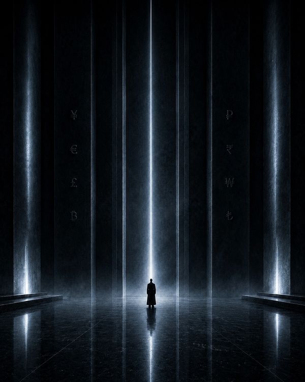 SØVERE Cold Authority: lone figure beneath icy light in a monumental black chamber.