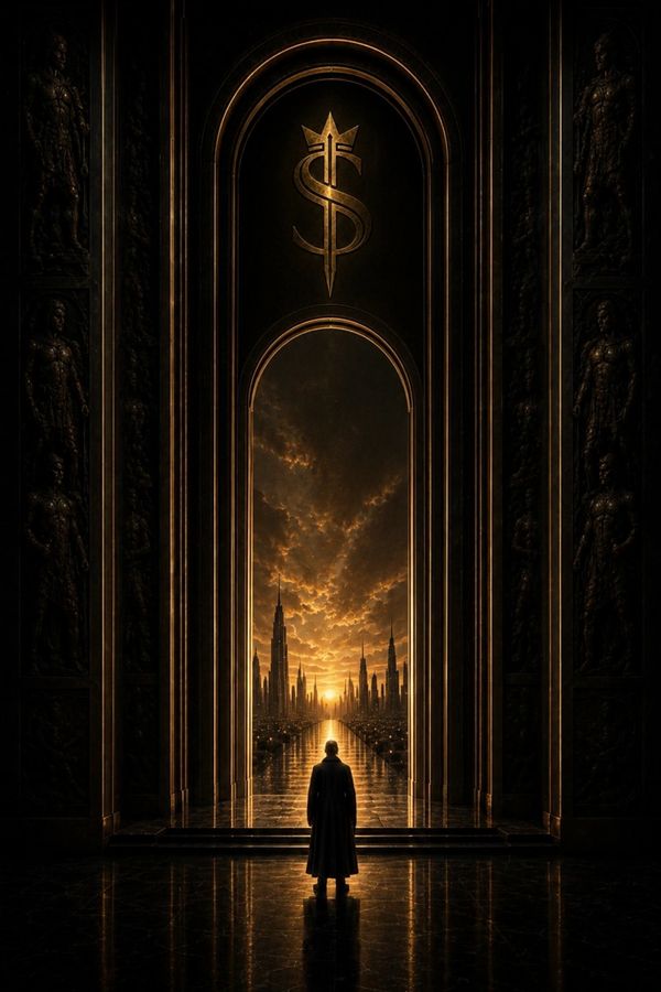 SØVERE Legacy: solitary figure stands before monumental gateway overlooking ancient city at sunset