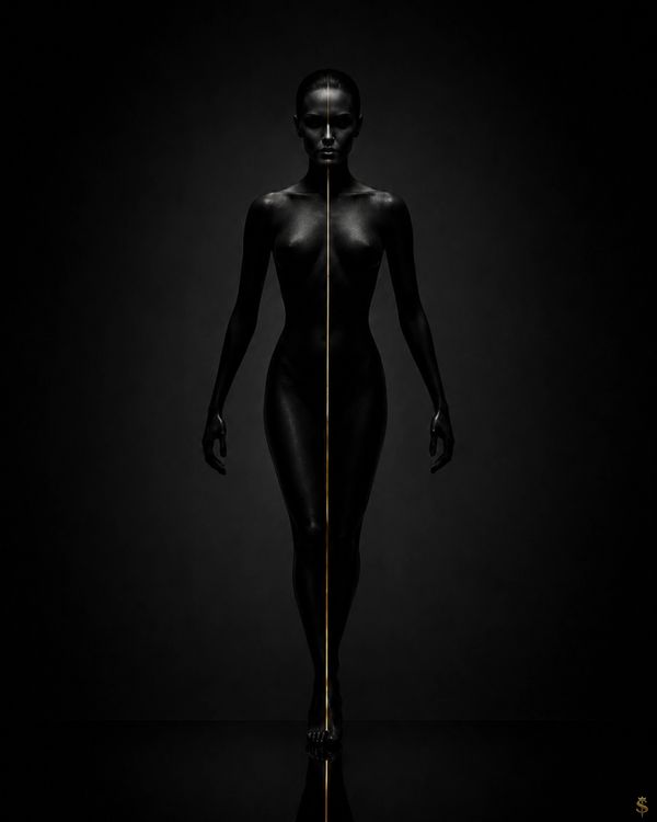 Built Different by SØVERE — black sculptural figure divided by a vertical gold line and reflection.