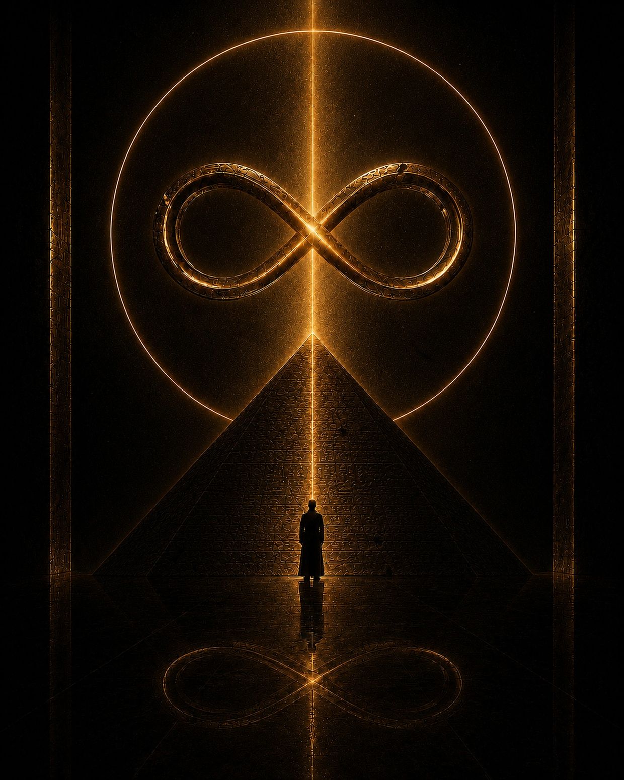 Infinite Value by SØVERE — infinity symbol, pyramid, gold beam, and solitary figure.