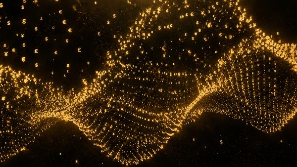 Money Talks by SØVERE — glowing currency symbols forming a gold wave against a black background.