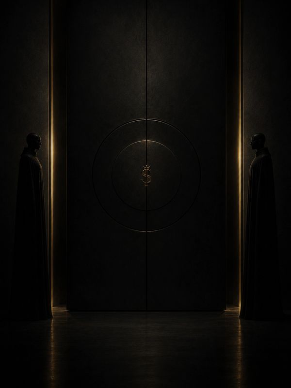 SØVERE archive entrance with black doors, gold light, and ceremonial atmosphere for The Gatekeepers.