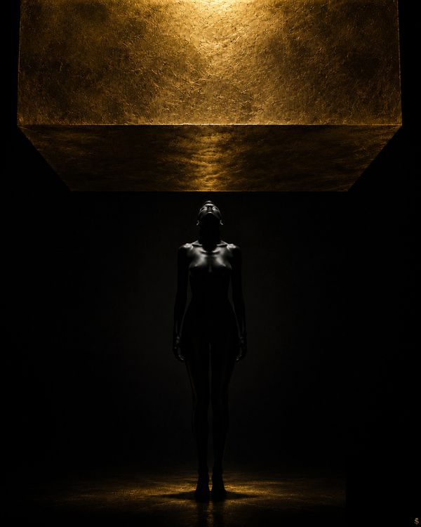 The Price of Power: dark figure standing beneath a massive suspended gold block in ceremonial space.