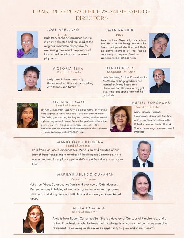 PBABC 2025-2027 Officers and Board of Directors with photos and bios.