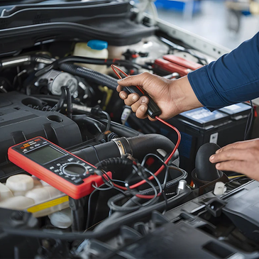 Technician using a multimeter to check a car engine's electrical system.