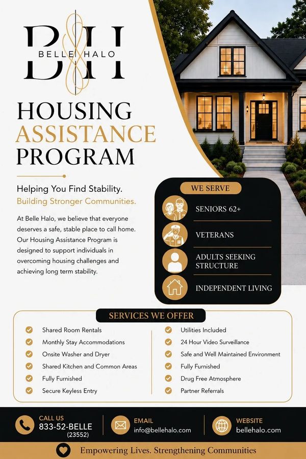Belle Halo Housing Assistance Program offers stable housing for seniors, veterans, and adults needing support.