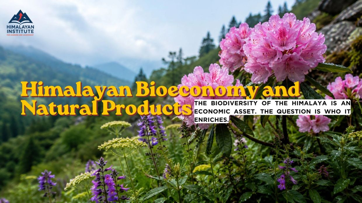 Himalayan flowers with bioeconomy text overlay.