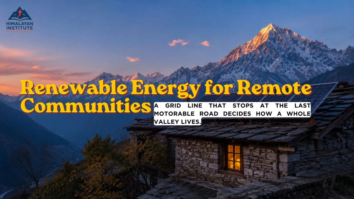 Mountain village with solar panels at sunset.