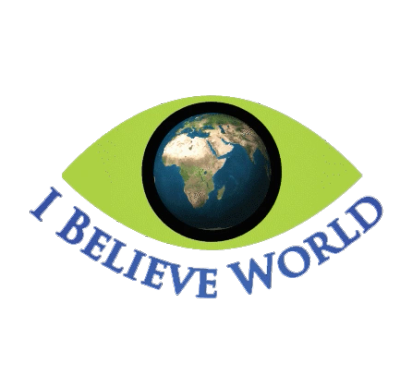 Green eye with a globe center and 'I BELIEVE WORLD' text.