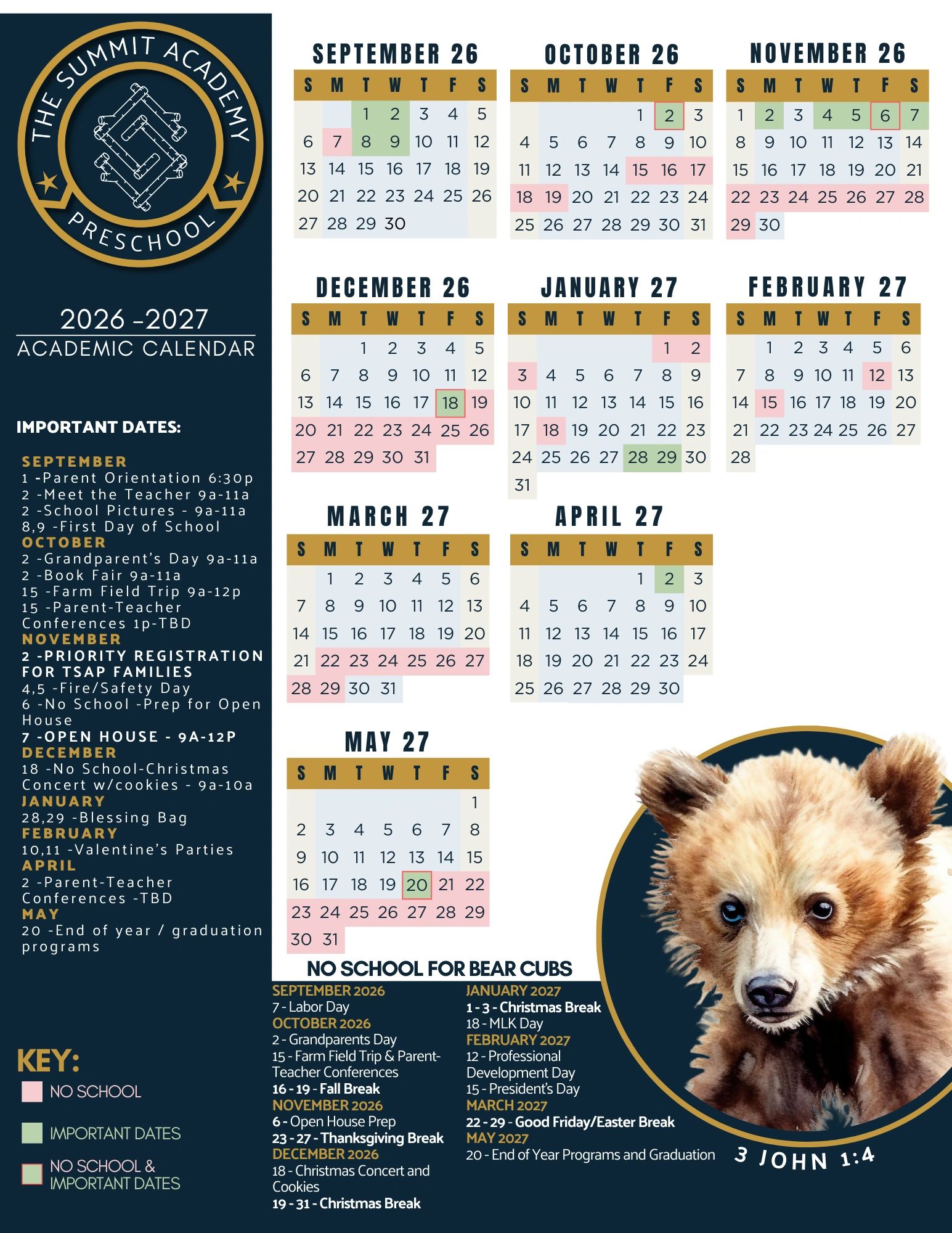 Academic calendar for The Summit Academy Preschool 2026-2027 with important dates and breaks.