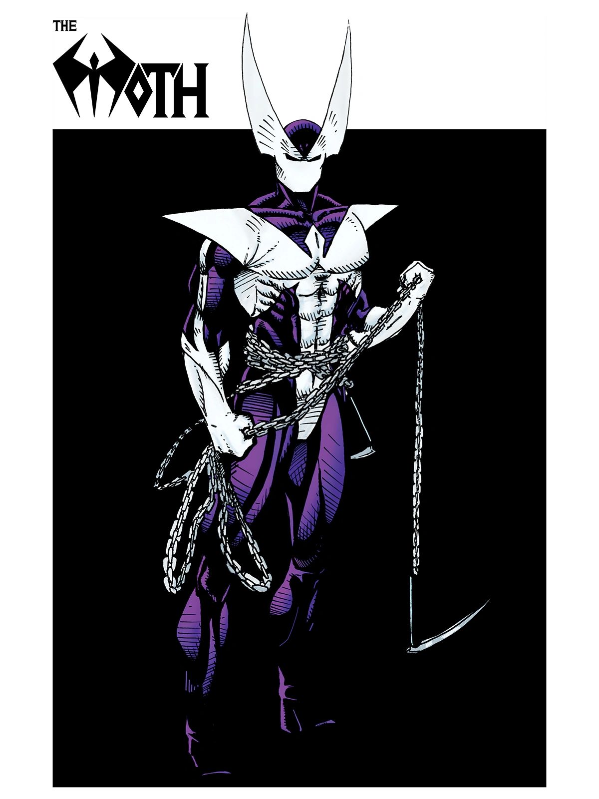 The Moth, a superhero character with a scythe and chains.