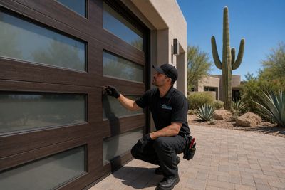 Garage door service in Scottsdale AZ — technician servicing an upscale home garage door