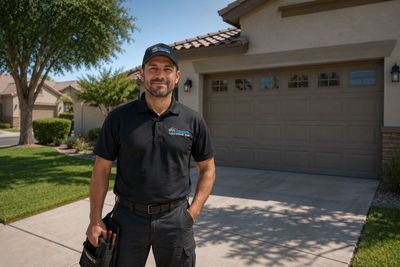 Garage door repair in Gilbert AZ — Absolute Garage Doors technician at a family home