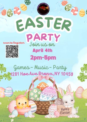 Colorful Easter party invitation with eggs, bunny, and chick illustrations.