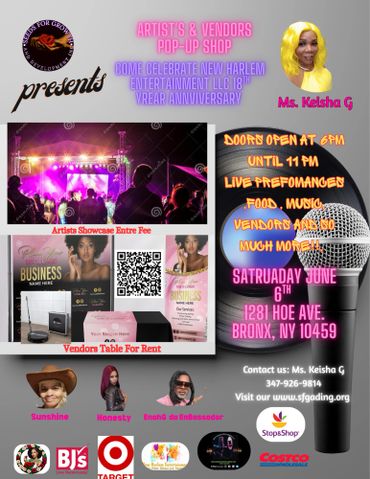 Flyer for Artists &amp; Vendors Pop-Up Shop in Bronx with live music and food.