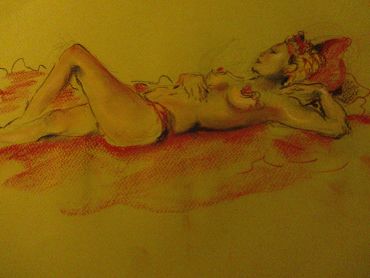 Artistic sketch of a reclining nude woman.