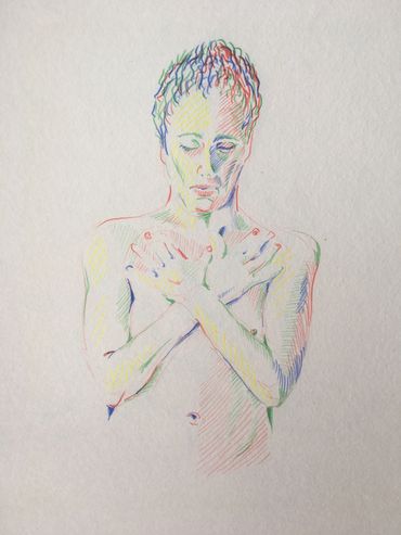 Colored pencil sketch of a person with crossed hands on chest.