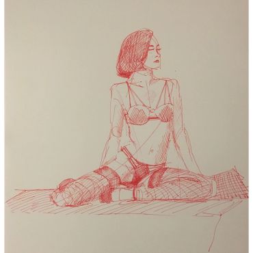 Red pen sketch of a woman in lingerie sitting.