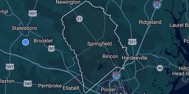 Map highlighting an area in Guyton, Rincon, Springfield, Georgia. Land for sale in Effingham County.