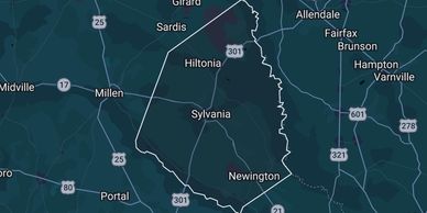 Map highlighting an area around Sylvania, Georgia. Land for sale in Screven County
