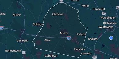 Map highlighting towns around Metter, Georgia. Land for sale in Candler County.