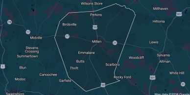 Map outlining Millen and surrounding areas in Georgia. Land for sale in Jenkins County