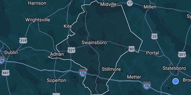 Map highlighting Swainsboro and nearby towns in Georgia. Land for sale Emanuel County.
