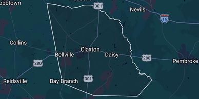 Map showing Claxton and surrounding towns in Georgia. Land for sale in Evans County.