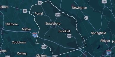 Map highlighting Statesboro area in Georgia. Land for sale in Bulloch County