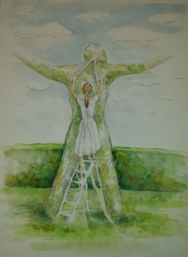 A girl on a ladder painting a large green statue outdoors.