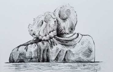 Pen sketch of a couple sitting closely with heads touching.