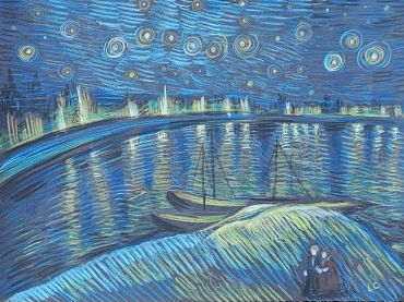 Starry night over a harbor with boats and reflections.