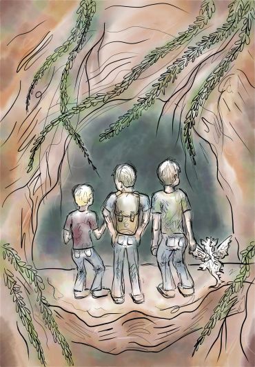 Three figures explore a mystical cave surrounded by hanging vines.