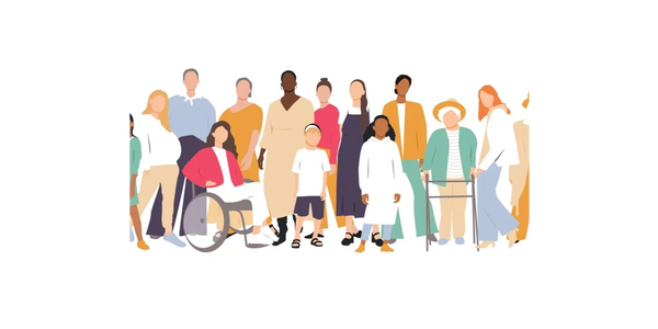 Drawing of a group of people of different ages, physical abilities, colours, sizes. 