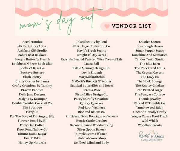 List of vendors for a mom's day out event, featuring handmade and artisanal products.
