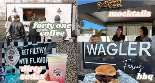 Four food and drink stalls offering coffee, mocktails, sodas, and BBQ.