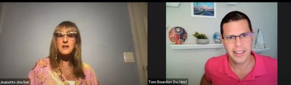 Tom Bourdon and Jeanette Jennings on Zoom call smiling